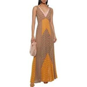 🌟 NWT Self-Portrait Logo Print Pleated Chiffon Maxi Dress Pink Green Size 4 US